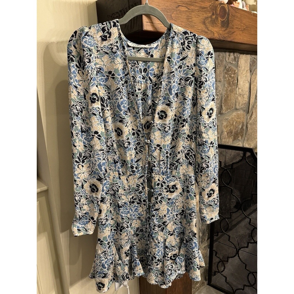 Veronica Beard 14 Riggins Dress Mini Shift Blue Silk Floral V Neck Long Sleeves - Picture 3 of 10